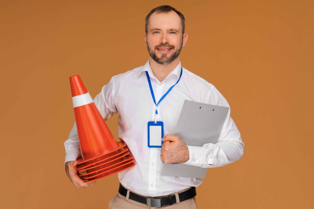 קצין בטיחות תעבורה מקצועי מחזיק קונוסים ולוח כתיבה